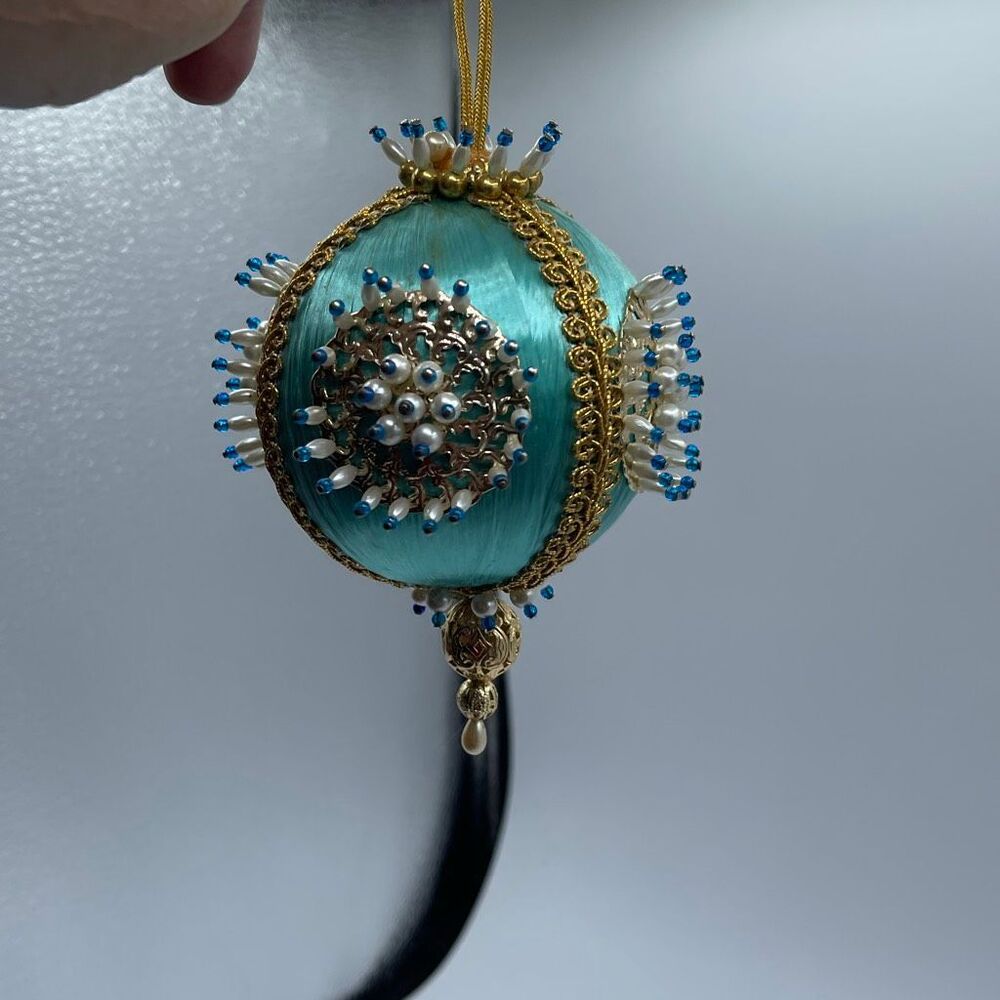 Vintage Aqua blue push pin satin hand decorated ornament.